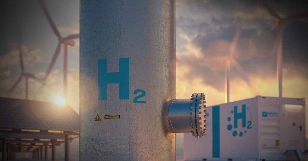 Tanque de hidrogênio verde, energia eólica e solar ao fundo