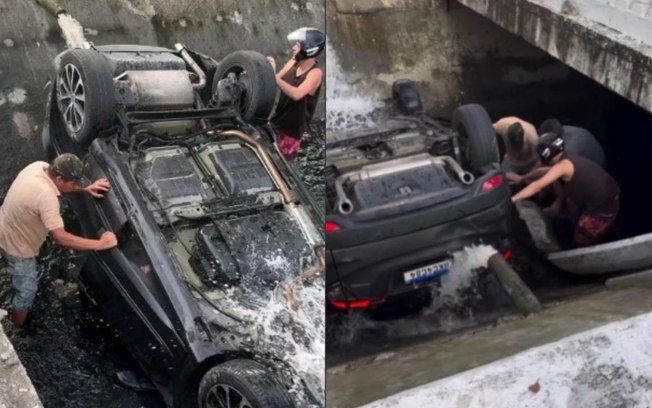 VÍDEO: carro capota em canal e moradores ajudam no resgate