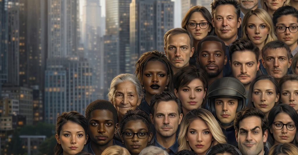 Imagem criada com auxílio de inteligência artificial (IA) é uma releitura da obra "Operários" (1933), de Tarsila do Amaral