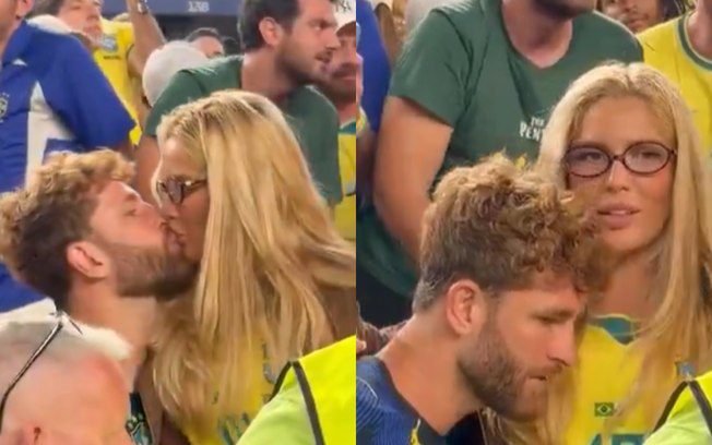 Karoline Lima e Leo Pereira trocam beijo após jogo do Brasil