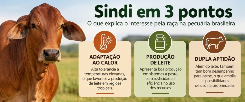 Infográfico mostra três características do gado Sindi: adaptação ao calor, produção de leite e dupla aptidão