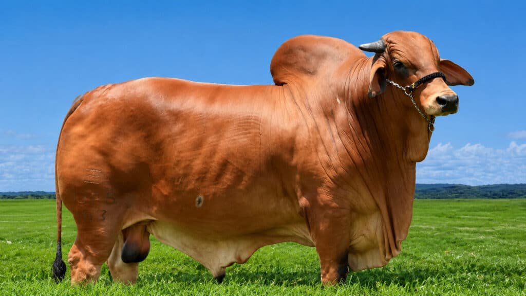 Touro Sindi de pelagem avermelhada em pastagem