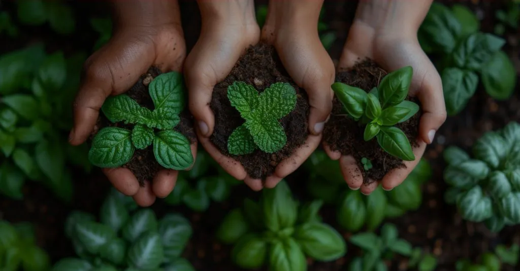 Mãos segurando plantas